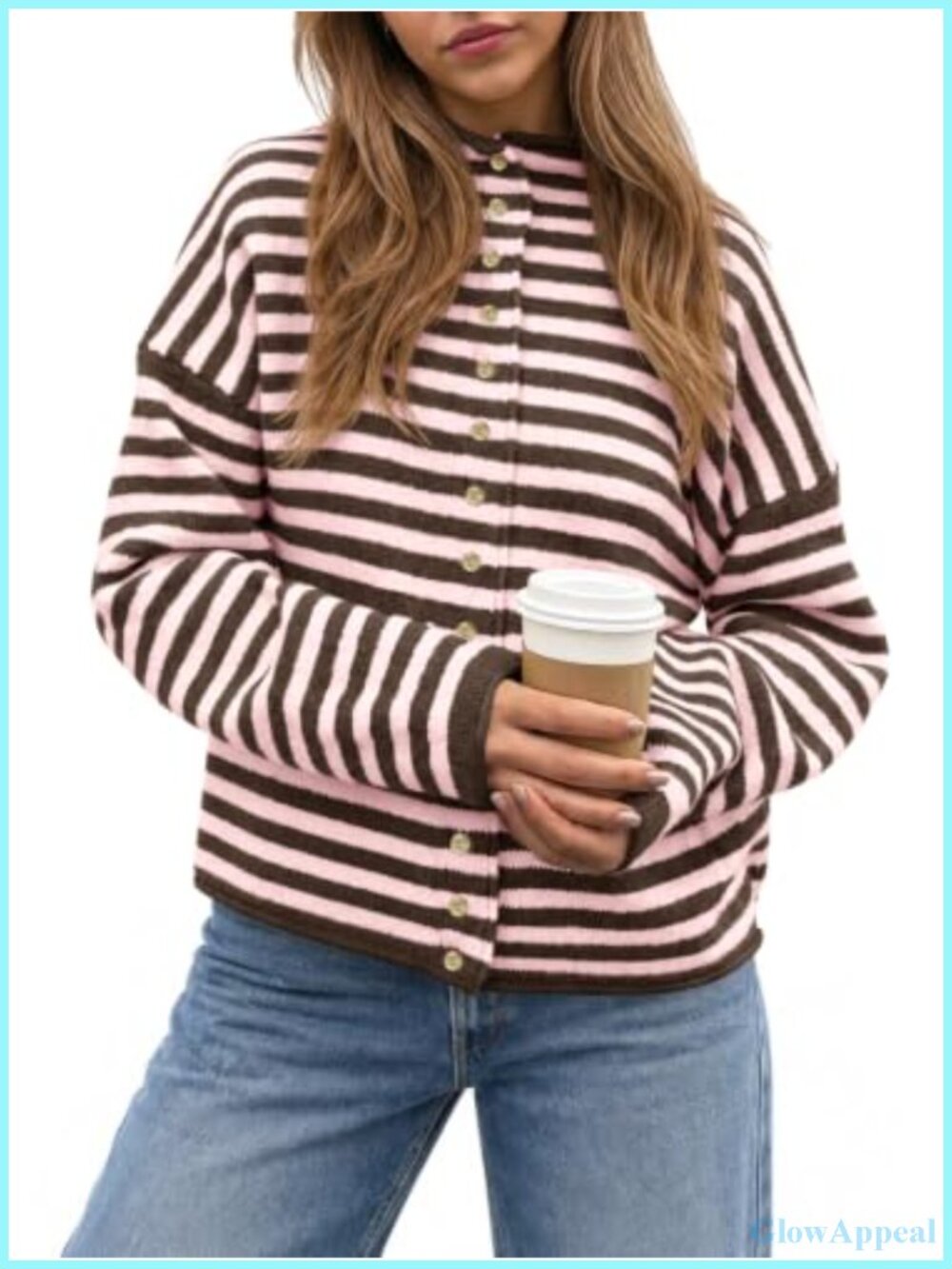 Striped Mock Neck Button Down Cardigan Long Sleeve Loose Knit Fall Top